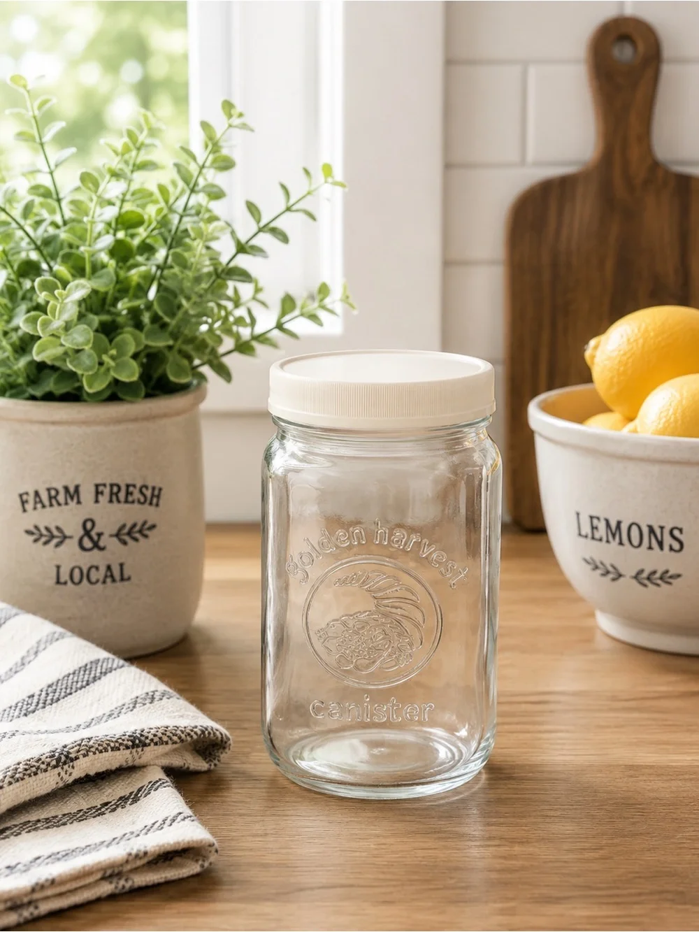 Vintage Golden Harvest Glass Canister | Embossed Cornucopia Farmhouse Kitchen St